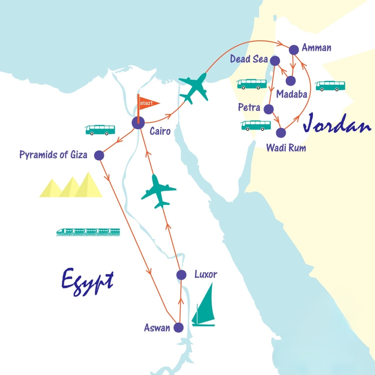 13-Day Majestic Egypt and Jordan Tour Map